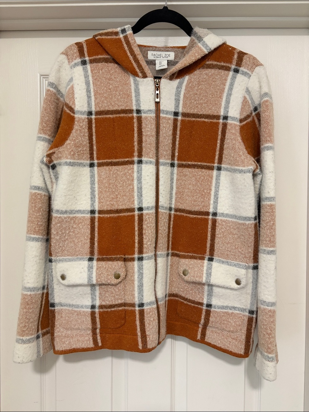 Rachel Zoe Rust and Cream Plaid Zip Hoodie Sweater Jacket